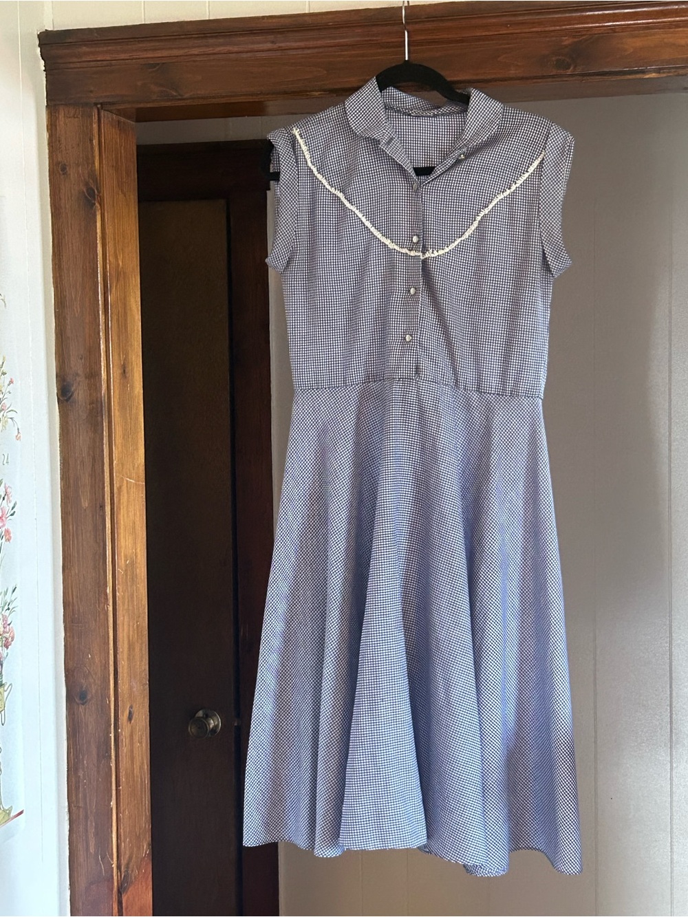 Vintage Blue Gingham Midi Dress with Cream Trim